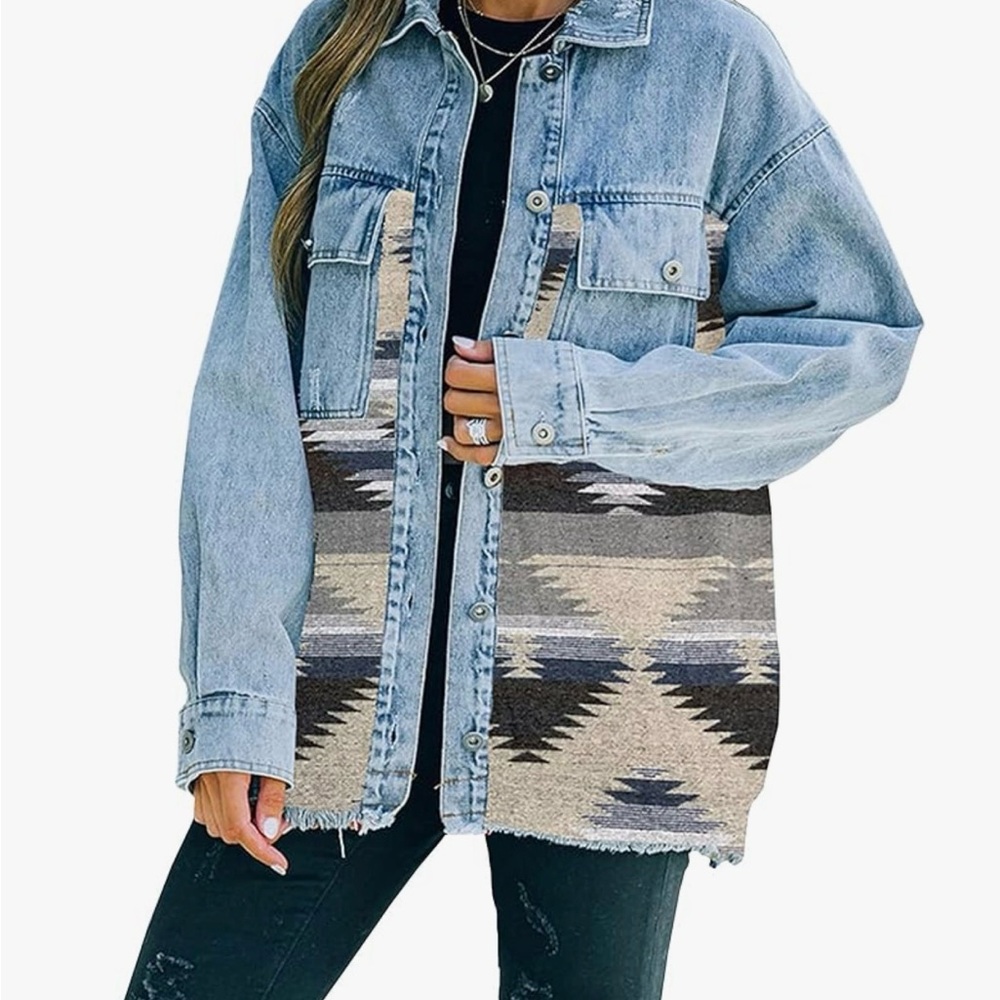 Oversized Denim and Aztec Pattern Jacket NWT